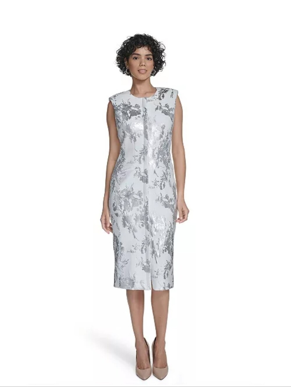 NWT Calvin Klein Silver Floral Sheath Midi Dress Ivory Sleeveless Size 12 $129